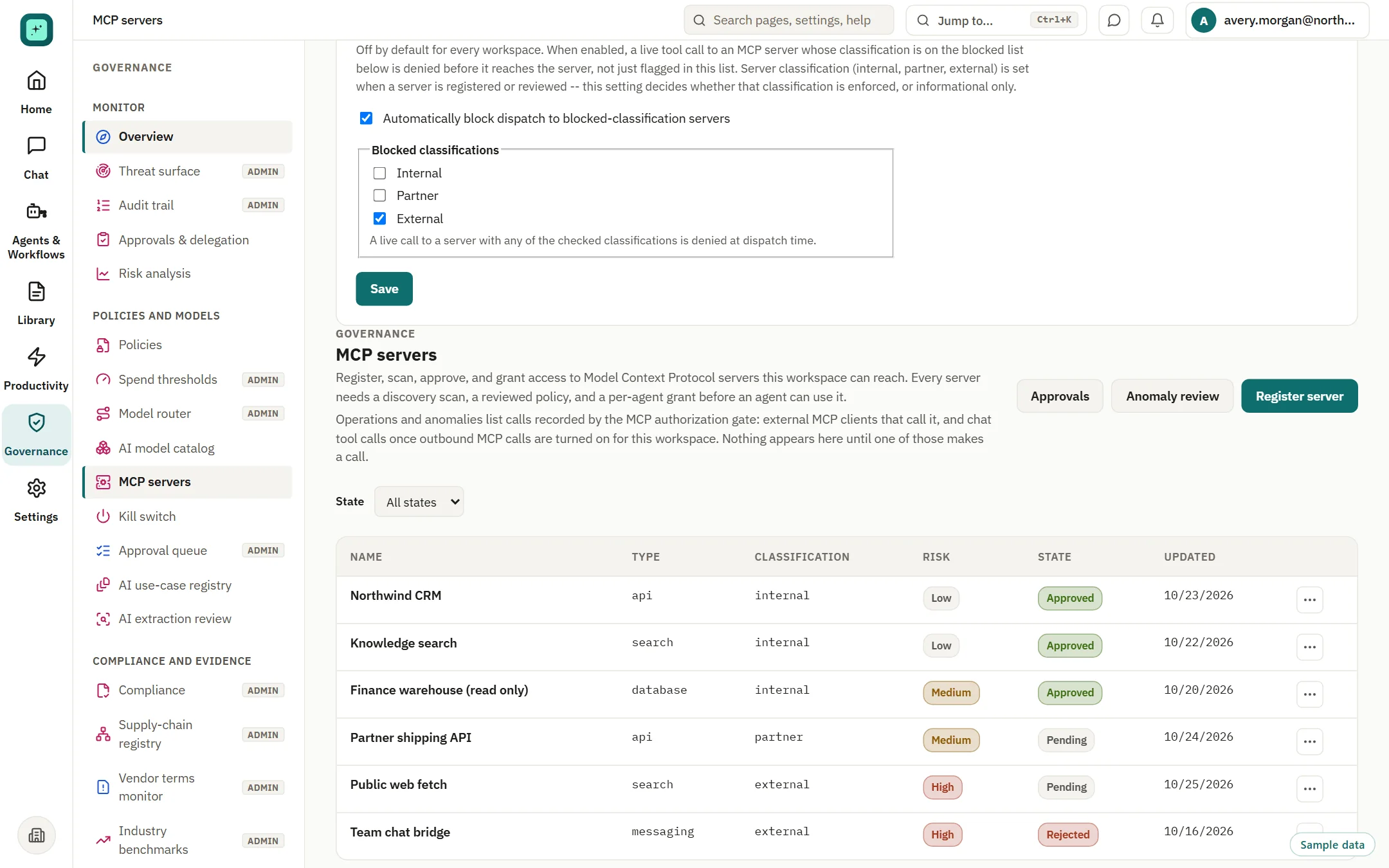 MCP server registry listing servers with type, classification, risk and approval state.